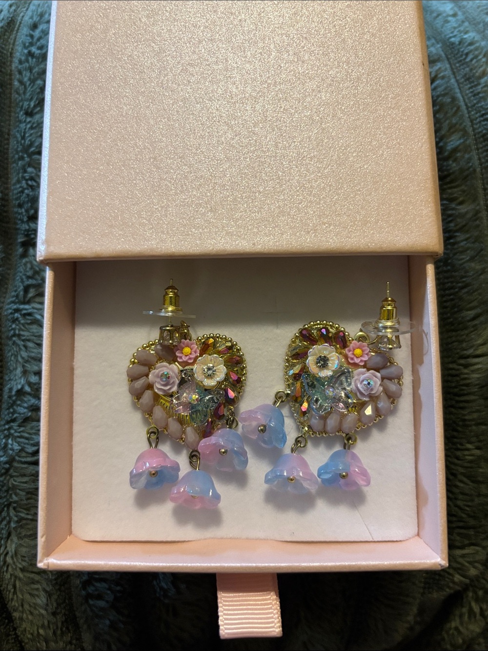Gold Heart Drop Earrings with Pink & Blue Floral Charms